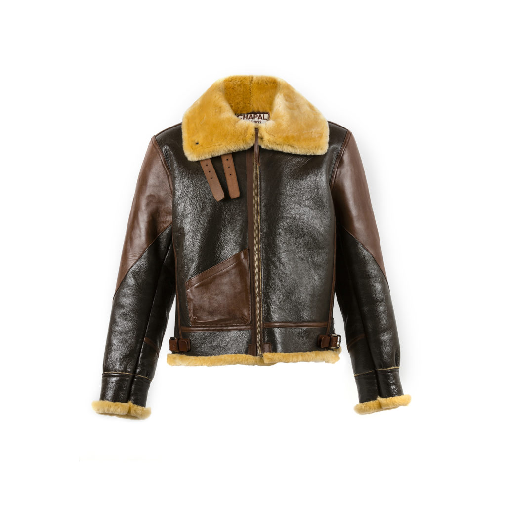 Blouson B3 - Mouton retourné verni brun - Laine couleur dorée