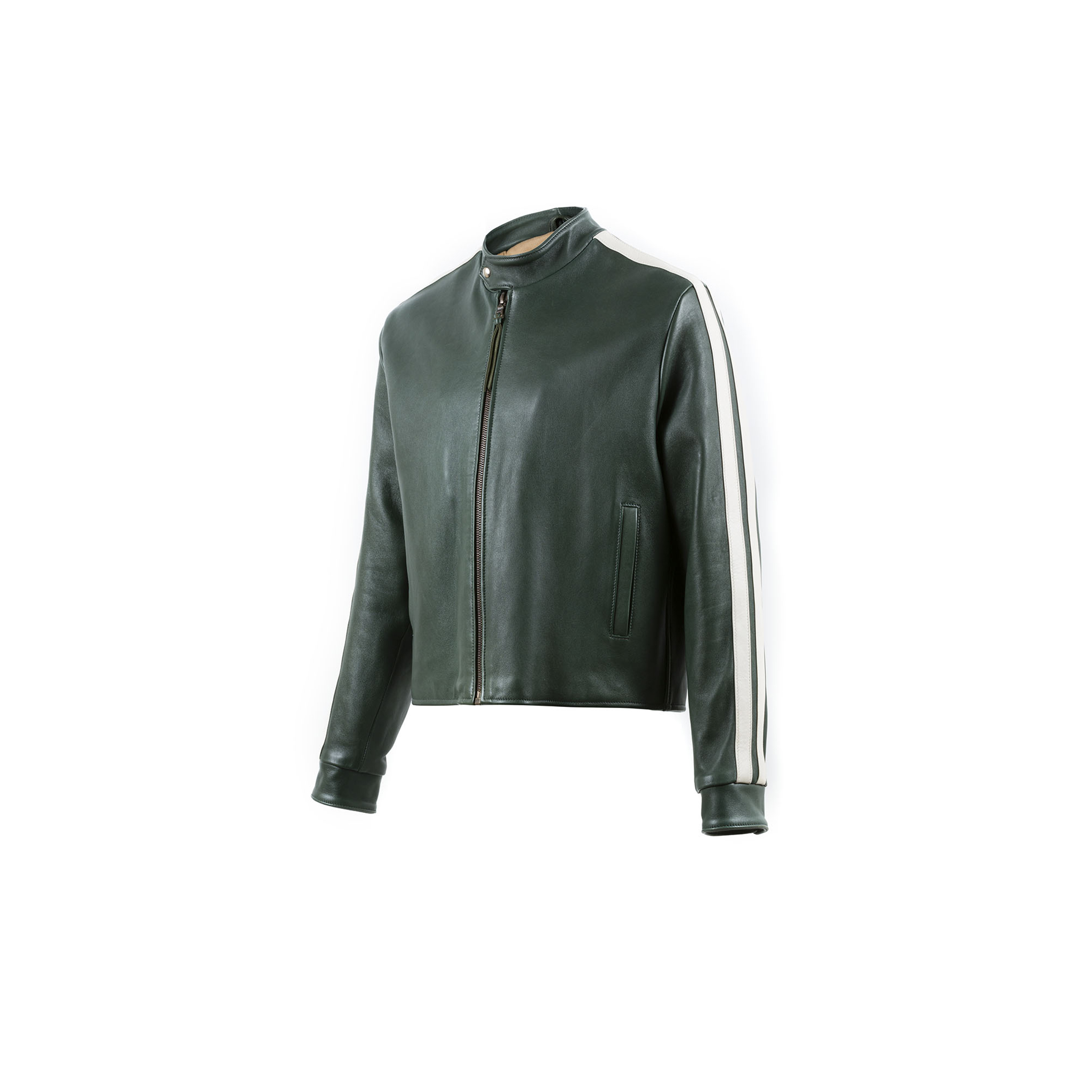 Blouson Anglais Jacket - Glossy leather - Green color - Ecru white strips