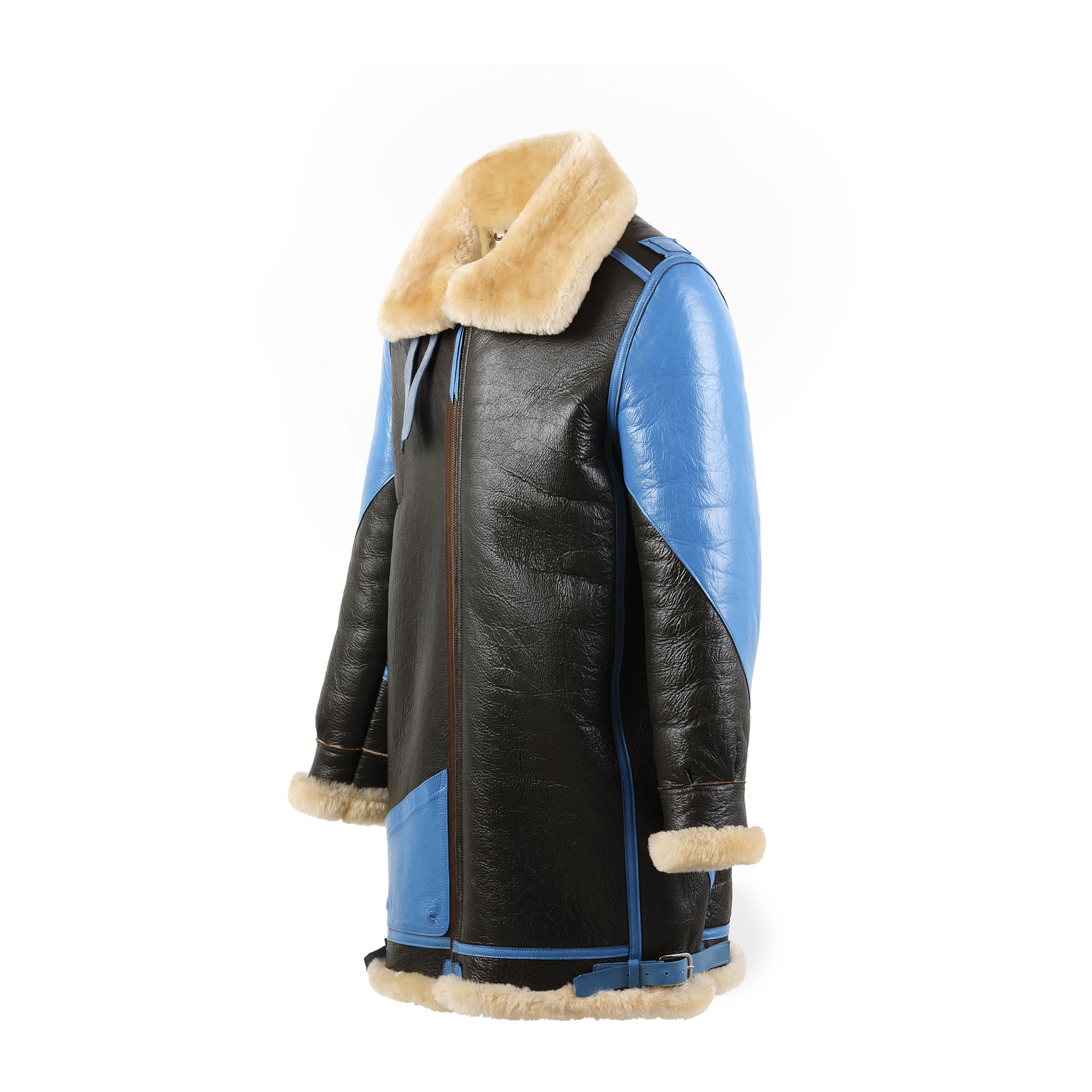B3 3/4 Coat - Blue varnished shearling - Champagne color fur