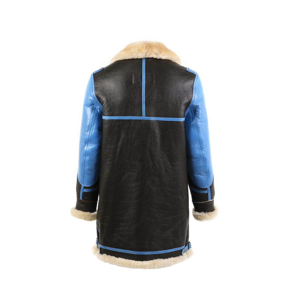 B3 3/4 Coat - Blue varnished shearling - Champagne color fur