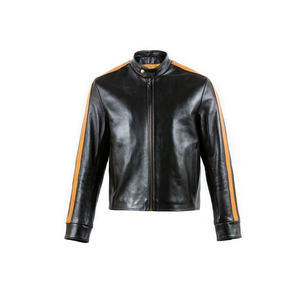 Blouson Anglais Jacket - Glossy leather - Black color - Yellow strips