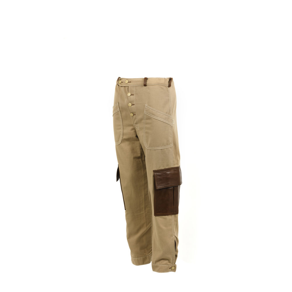 Pantalon Pilote Poches Aviateur - Gabardine de coton et cuir glacé - Couleurs écru et brun