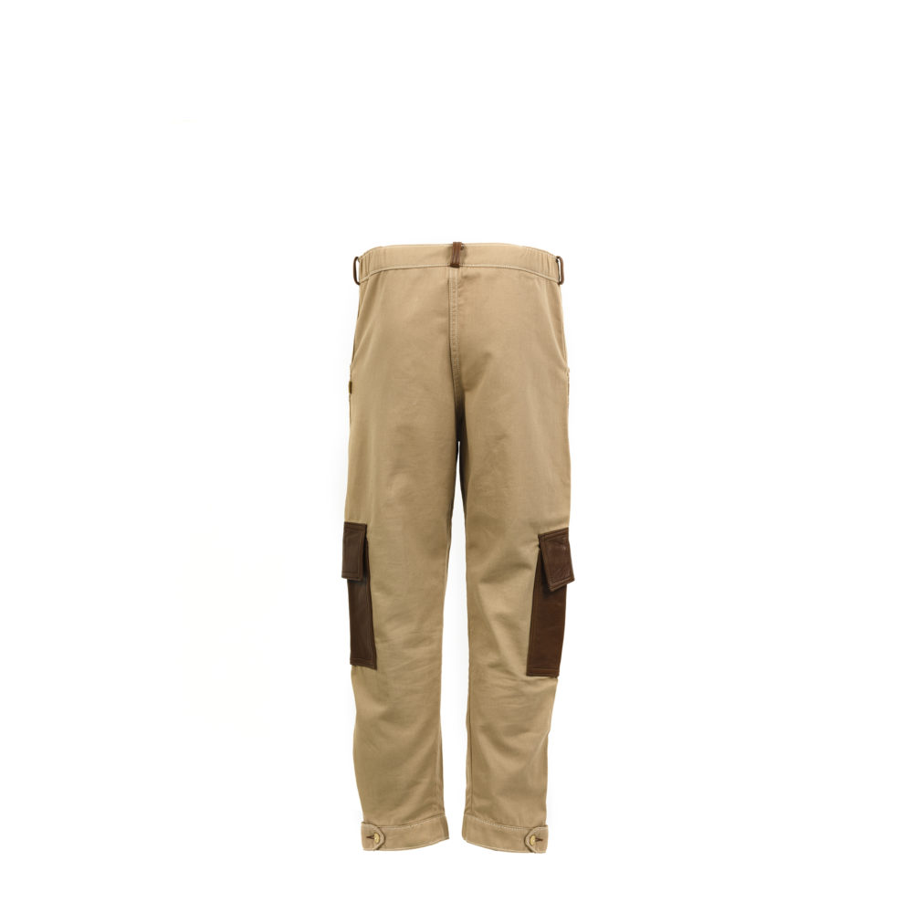 Pilot Pants Aviator Pockets - Cotton gabardine and glossy leather - Ecru and brown colors