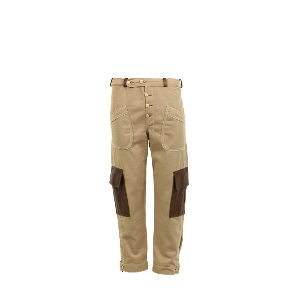 Pantalon Pilote Poches Aviateur - Gabardine de coton et cuir glacé - Couleurs écru et brun