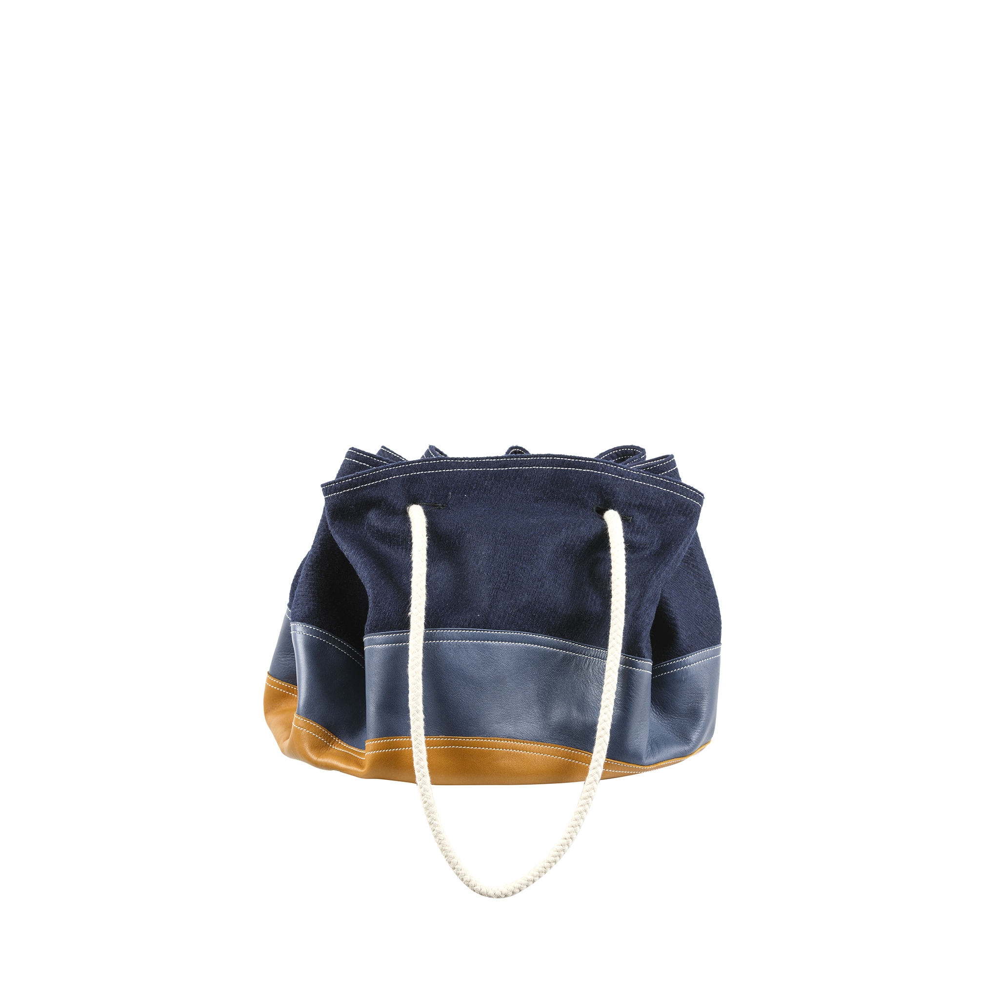 Cruising Bag - Merino wool and glossy leather - Blue and tan colors