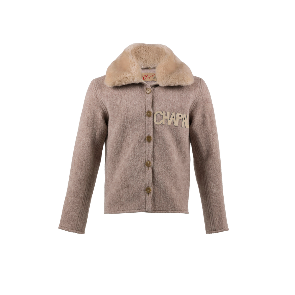 Cardigan - Gold fur collar - Merino wool - Pink beige color