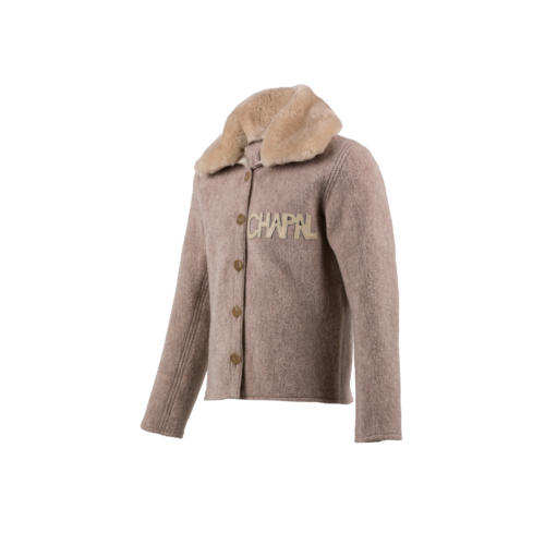 Cardigan - Gold fur collar - Merino wool - Pink beige color