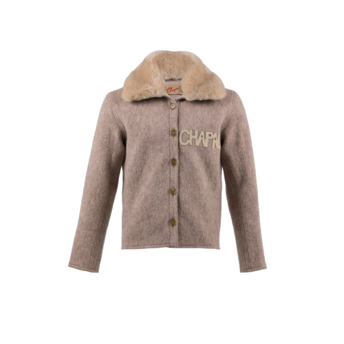 Cardigan - Gold fur collar - Merino wool - Pink beige color