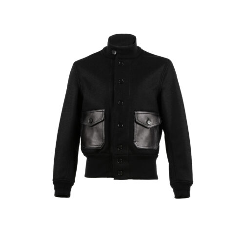 A1 Short Version Jacket - Merino wool and glossy leather - Black color