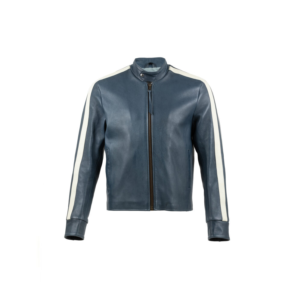 Blouson Anglais Jacket - Glossy leather - Blue color - Ecru white strips