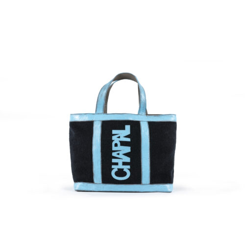 Shopping bag - Merino wool and painted glossy leather - Black and blue colors