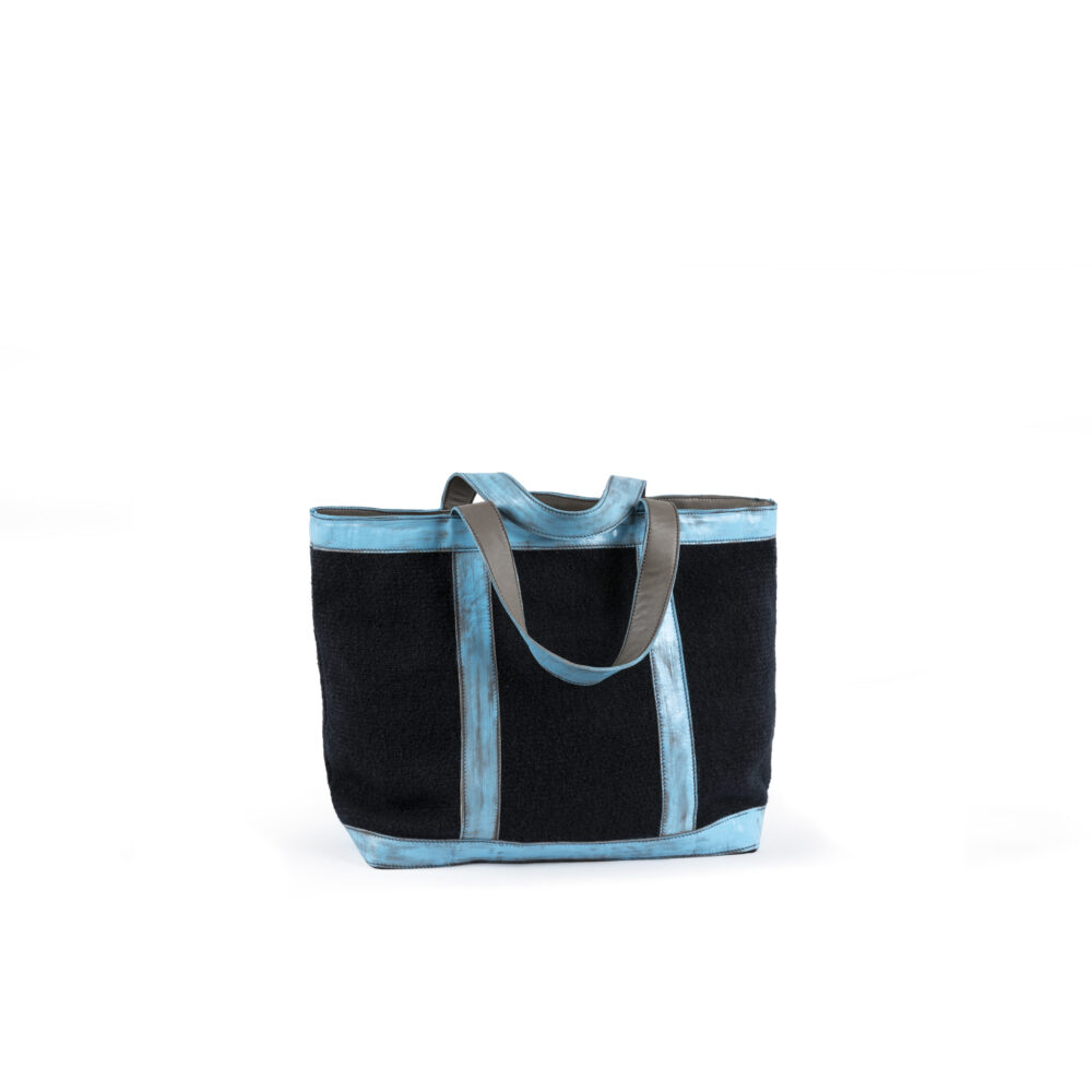 Shopping Bag - Merino wool and painted glossy leather - Black and blue colors