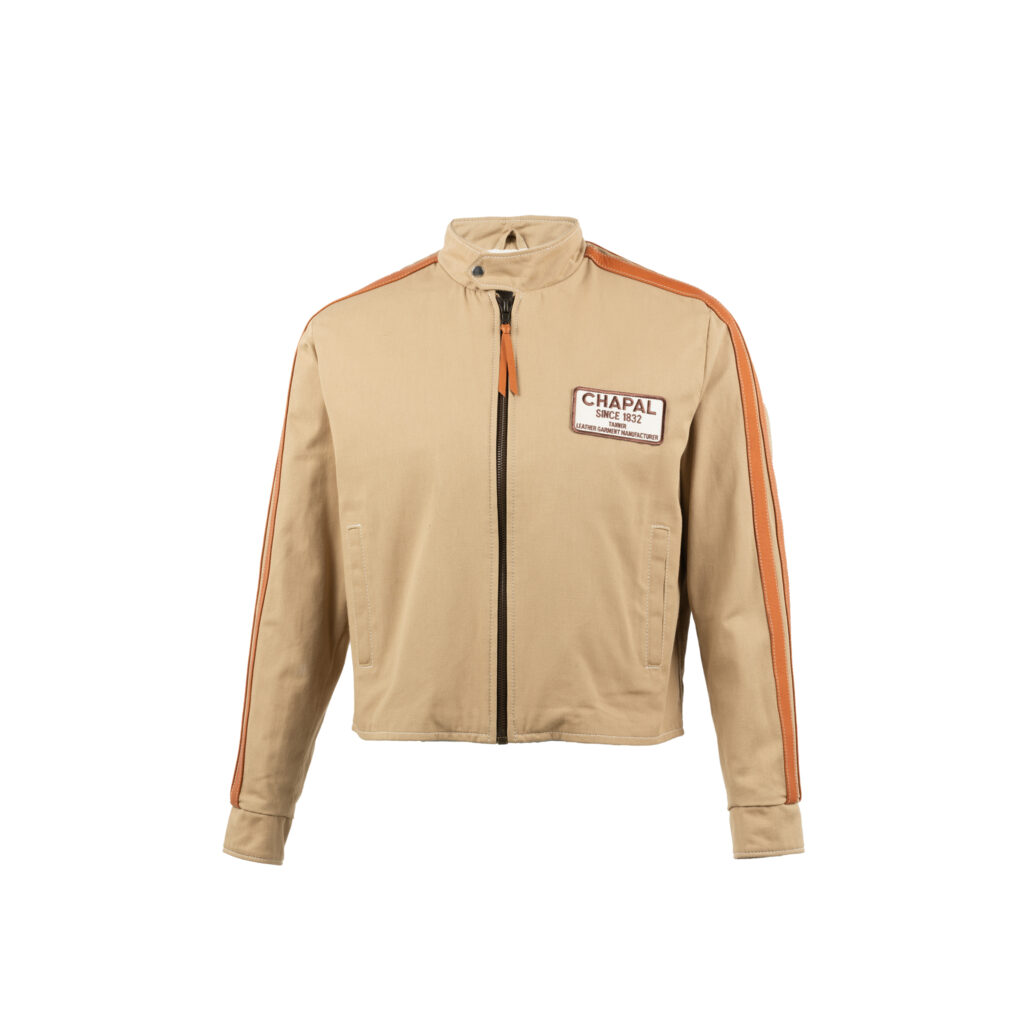 Blouson Anglais - Vintage - Couleur beige - Bandes en cuir orange