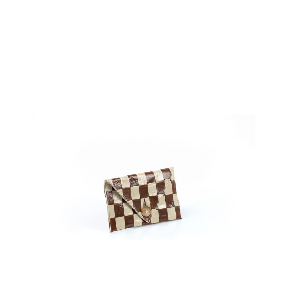 Mosaic Clutch - Vintage - Glossy leather - Ecru white and brown colors