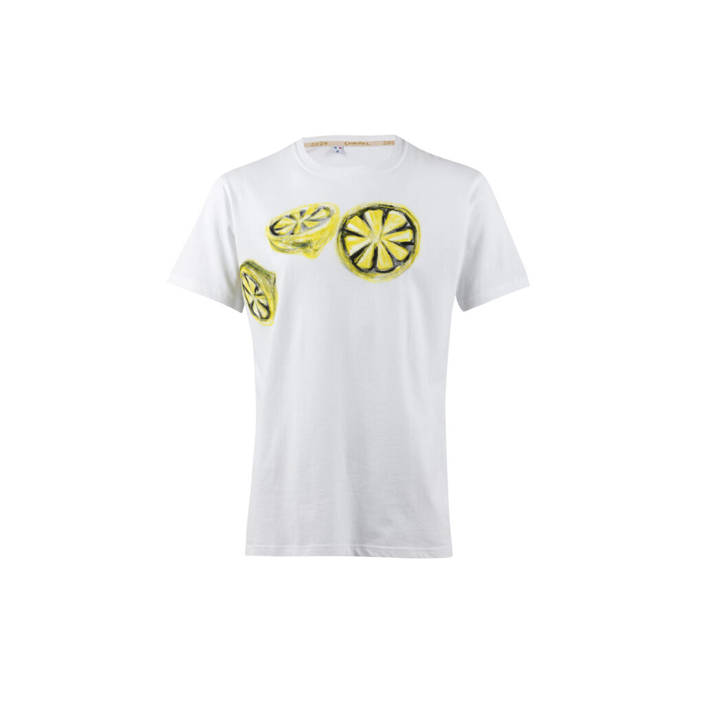 T-shirt Citrons - Jersey de coton - Peint à la main - Couleurs blanc et jaune