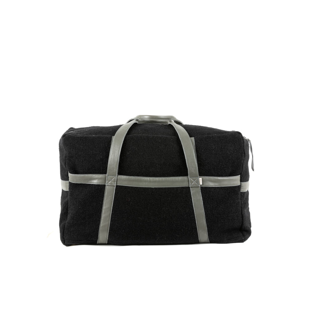 Large Soft Bag - Vintage - Merino wool and glossy leather - Black and grey colors