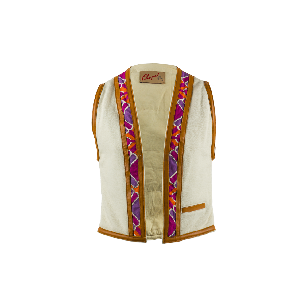 Sleeveless Jacket - Vintage - Cotton & glossy leather - Ecru white color