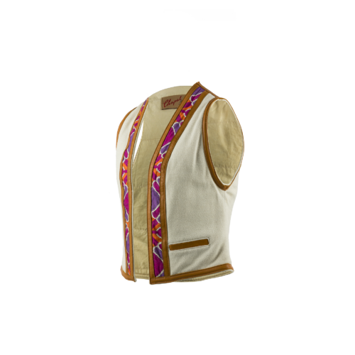 Sleeveless Jacket - Vintage - Cotton & glossy leather - Ecru white color