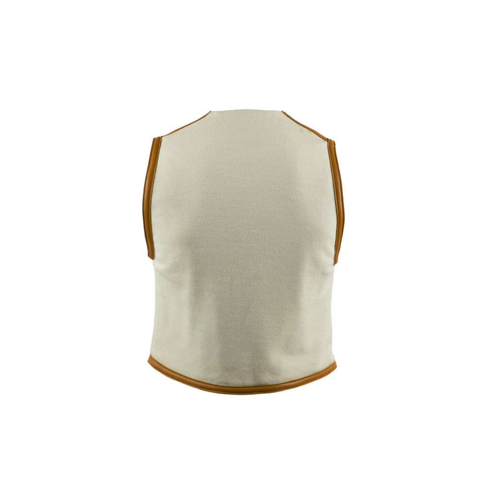 Sleeveless Jacket - Vintage - Cotton & glossy leather - Ecru white color