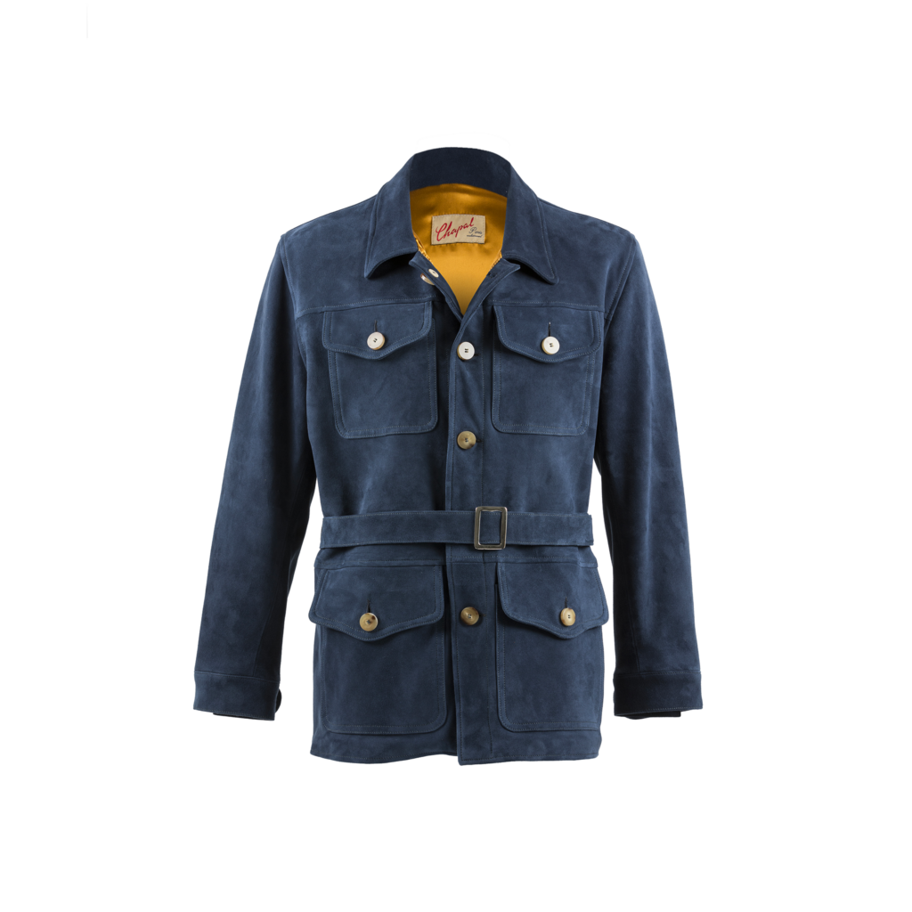 Saharienne - Cuir velours - Couleur bleu - Doublure soie dorée