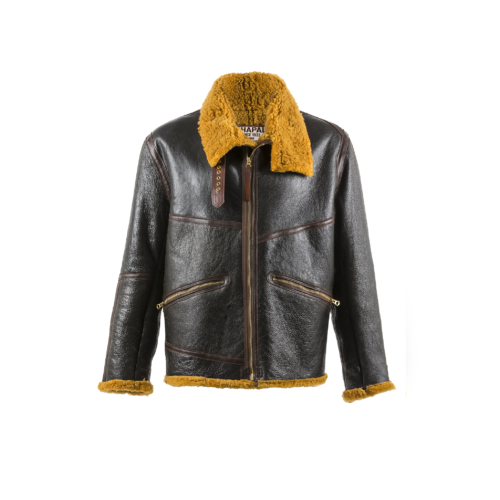 Bombardier D1 - Mouton retourné verni brun - Laine couleur dorée