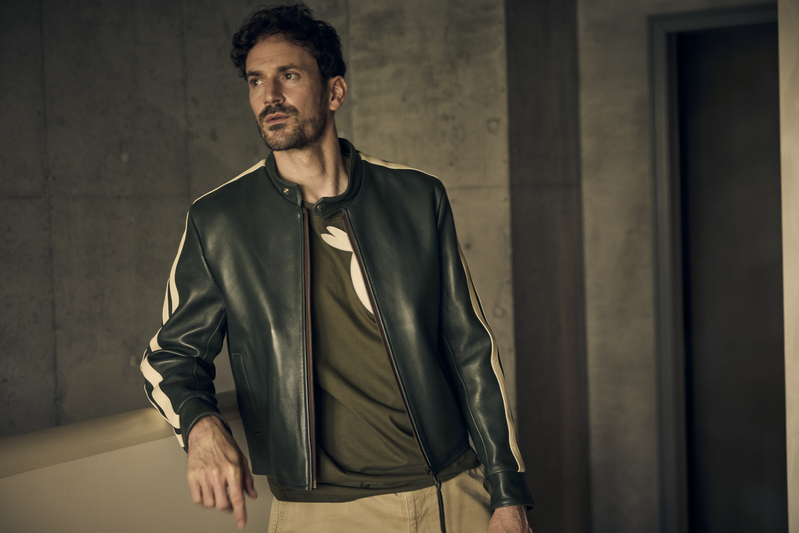 Blouson Anglais - Glossy leather - Green and ecru white colors